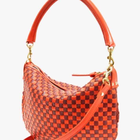 CLARE V Petit Moyen Bright Poppy & Bordeaux Woven Checker NWT - Picture 2 of 7